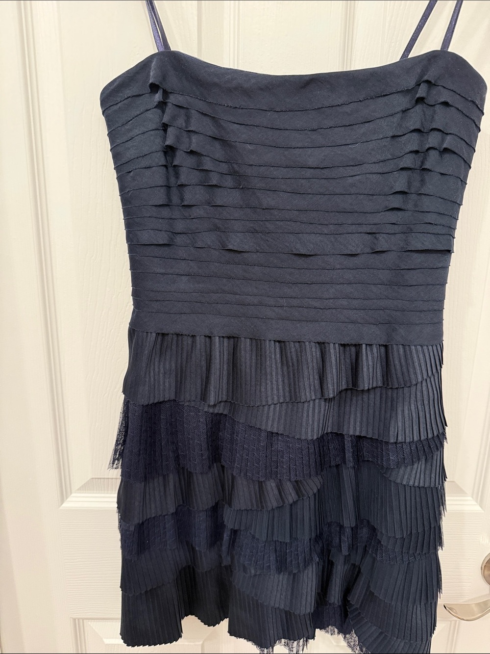 BCBGMaxAzria Navy Strapless Pleated Tiered Dress
